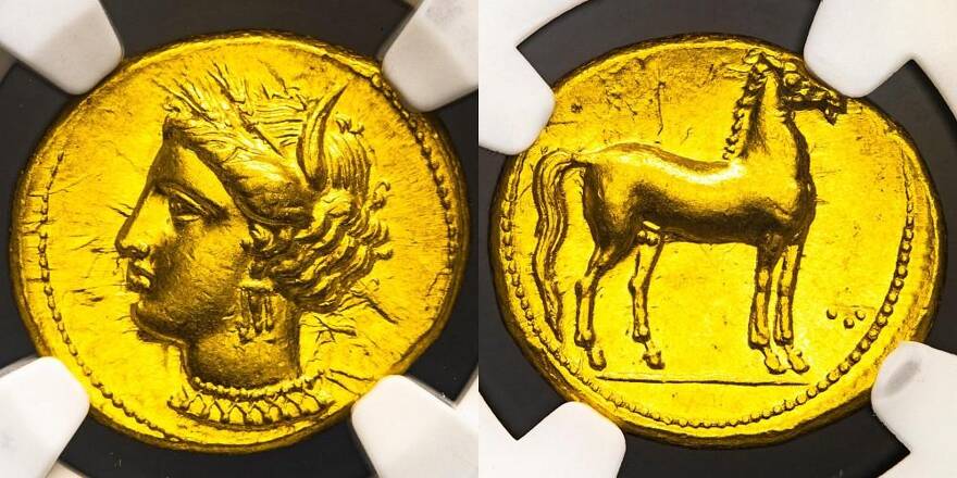 Lot 43 Zeugitana Carthage ゾイジターナ カルタゴ Av Stater 350 3bc Fr 580 S 6446 Type 左向きタニット胸像 右向きの馬 後の時代のエレクトラム貨と同じデザインだが 稀少性がはるかに高い金バージョンは重量が全く違うので区別できる 人気コインの好状態
