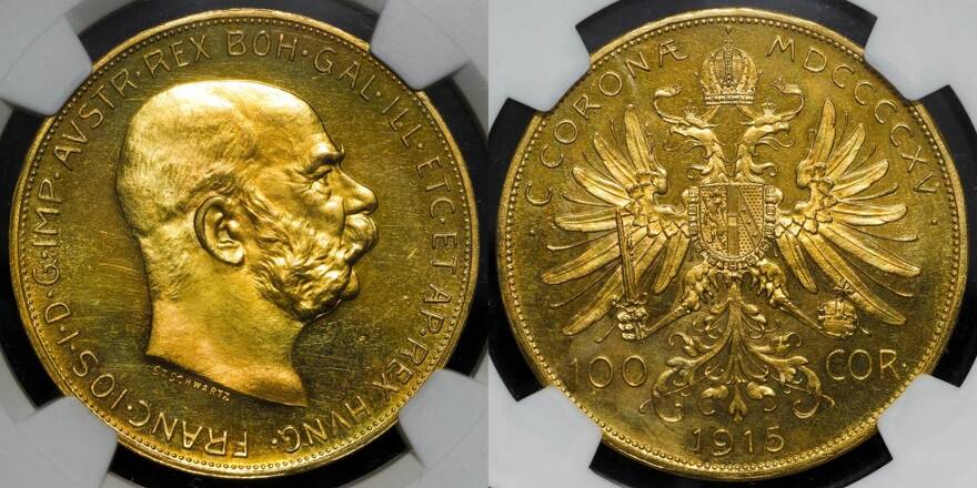 Lot 2119 Austria Franz Josef I フランツ ヨーゼフ1世 1848 1916 Restrike 100corona 1915 Fr 507r Km 2819 Franz Josef I フランツ ヨーゼフ1世 1848 1916 リストライク金貨 Ngc Ms62 Au Unc 18th Auction Day 1 Auction World