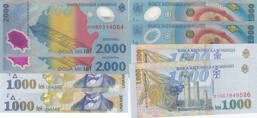 Lot 848 Romania 1000 Lei And 2000 Lei 1998 1999 Unc P106 P111a Total 5 Banknotes Serial Numbers 013b1143359 013c1949596 006b0314064 And 008a0366305 Summer 2019 Auction Part I Green Apple Auction Sixbid