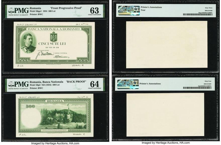 Lot 28458 Romania Banca Nationala 500 Lei 1934 Pick 36pp1 36p2 Front Progressive Proof And Back Proof Pmg Choice Uncirculated 63 C Auction Dallas 4028 Heritage Auctions Inc Sixbid