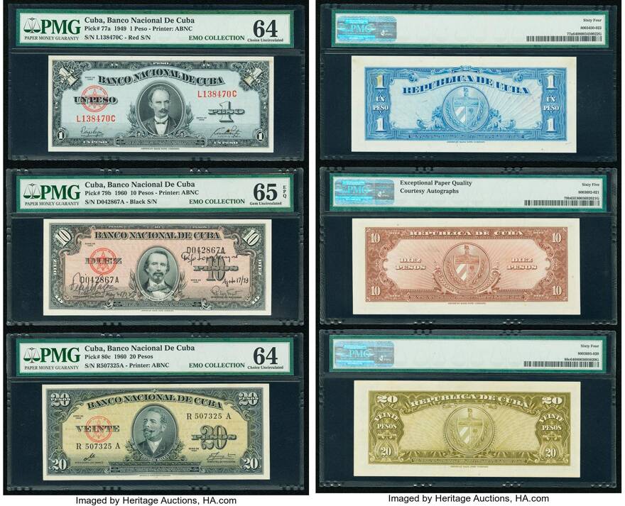 Lot 87068 Cuba Banco Nacional De Cuba 1 10 20 Pesos 1949 1960 2 Pick 77a 79b 80c Pmg Choice Uncirculated 64 2 Gem Uncircula Auction 282002 Heritage Auctions Inc Sixbid