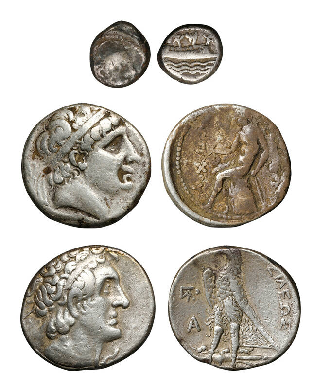 拍品 12 古代ギリシャ Ancient Greek エジプト プトレマイオス王朝 Egypt Ptoremaic Kingdom ３枚組 ３pcs Lot フェニキア Phoenicia 1 3ステーター銀貨 Sear 5972 Poor セレウコス朝 アンティオコス1世 280 261bc テトラドラクマ銀貨 Sear 6866 Good