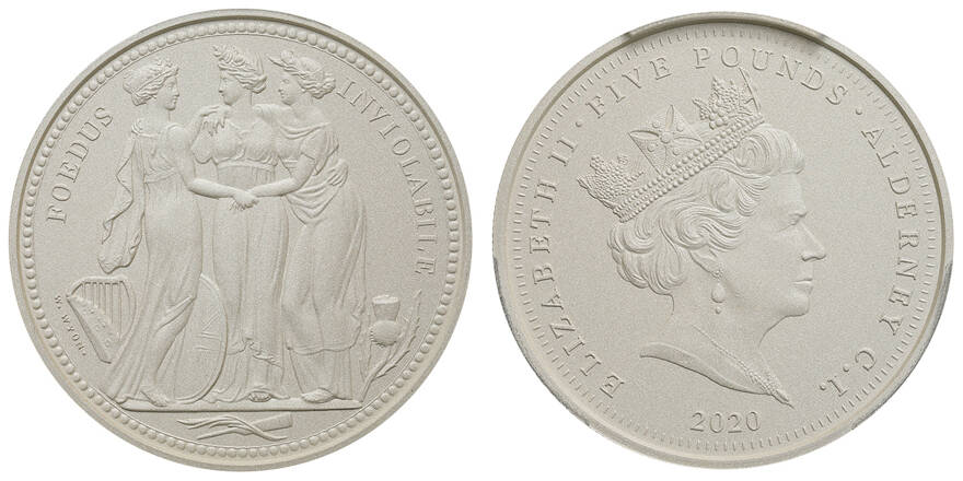 Los 22 オルダニー Alderney 5ポンド銀貨 5pounds 2oz Fine Silver 三姉妹 スリーグレーセス Three Graces 発行枚数250枚 オリジナルケース 保証書附属 Pcgs Pr70 First Strike Matt Proof Fdc No 55 Nihon Coin Auction Nihon Coin Auction