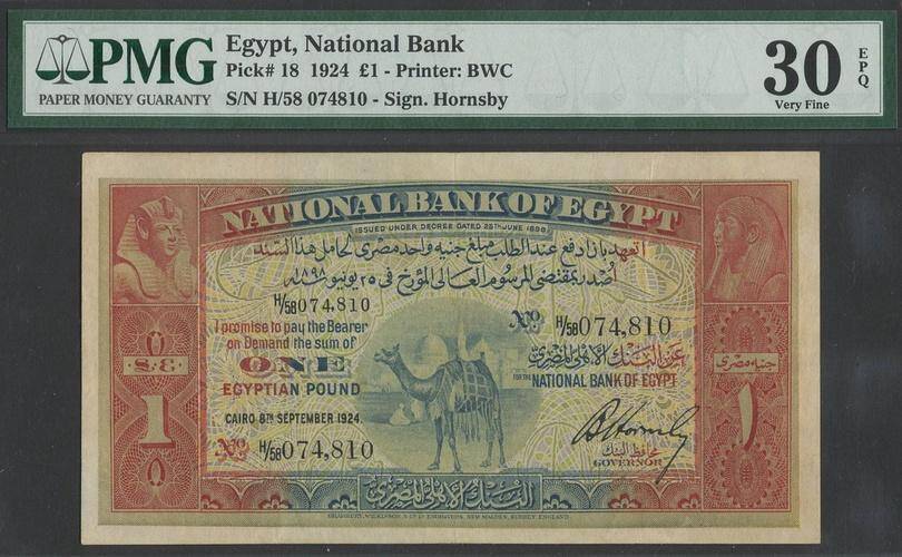 Lot 518 X National Bank Of Egypt 1 Pound 1924 Serial Number H 58 074810 Red And Blue Camel At Centre Reverse Red Blue And Green Pick 18 In Pmg Holder 30